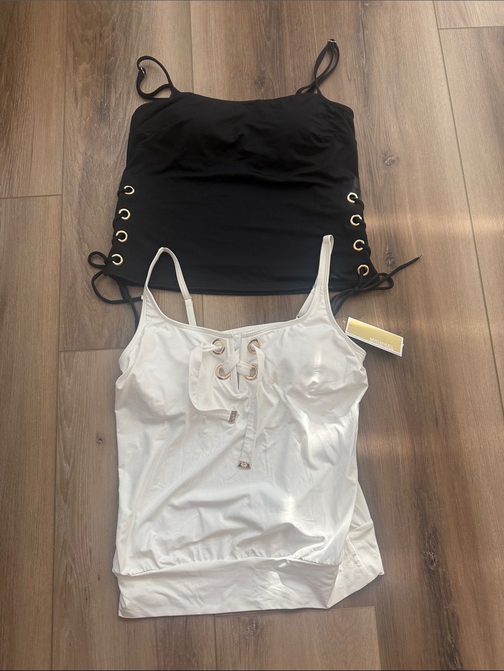 Michael Kors Black & White Lace-Up Tankini Tops - Women's Swim
